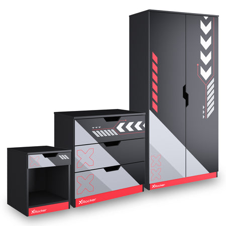 Modern bedroom furniture set with wardrobe, drawers, and bedside table