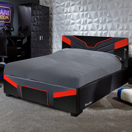Full view of the X Rocker cerberus MK11 Ottoman Gaming Bed in Carbon red featuring modern upholstered frame and storage function