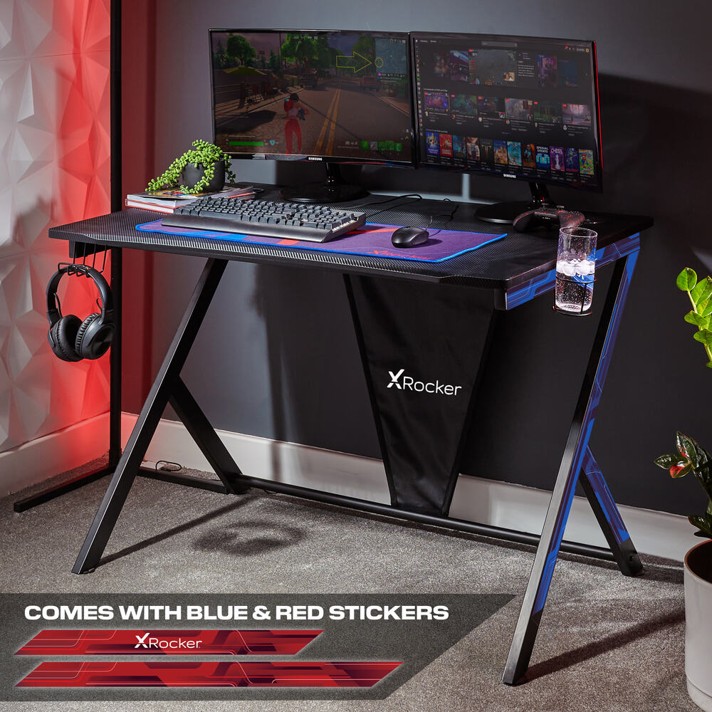 Ocelot 115cm Gaming Desk with Blue/Red Stickers and FREE Mousepad