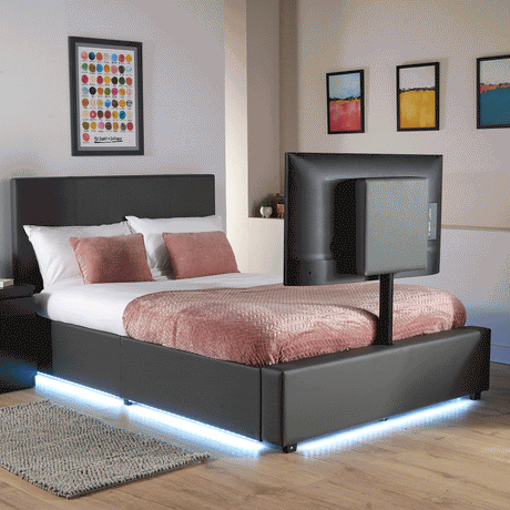 Ava Grey TV bed with LED lights luxury upholstered bed with a built in TV mount and under bed storage 