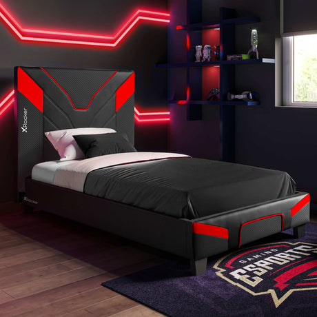 X Rocker Cerberus MK11 Gaming Bed in a Box carbon black and red upholstered bed with a sleek modern gaming design 