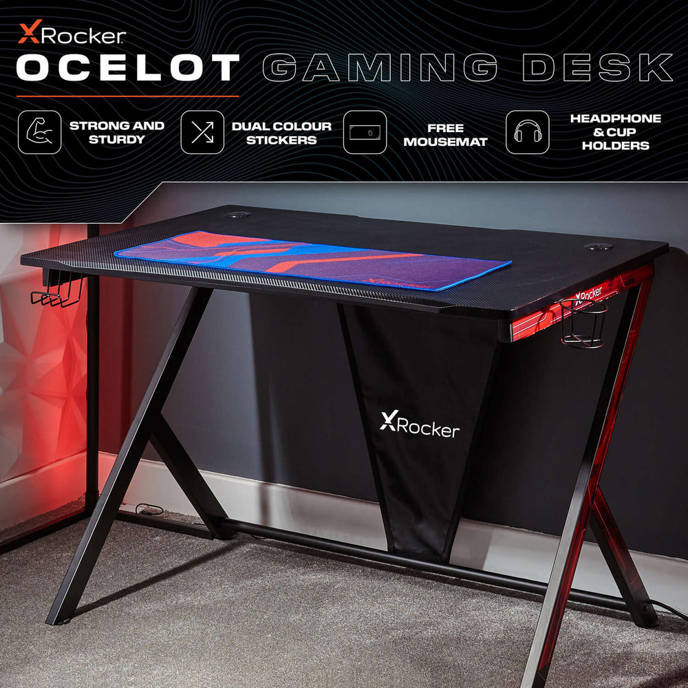 Ocelot 115cm Gaming Desk with Blue/Red Stickers and FREE Mousepad